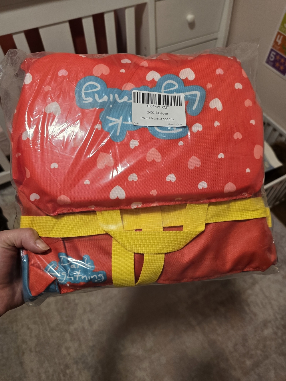 Red Heart-Print Infant Life Jacket with Yellow Straps